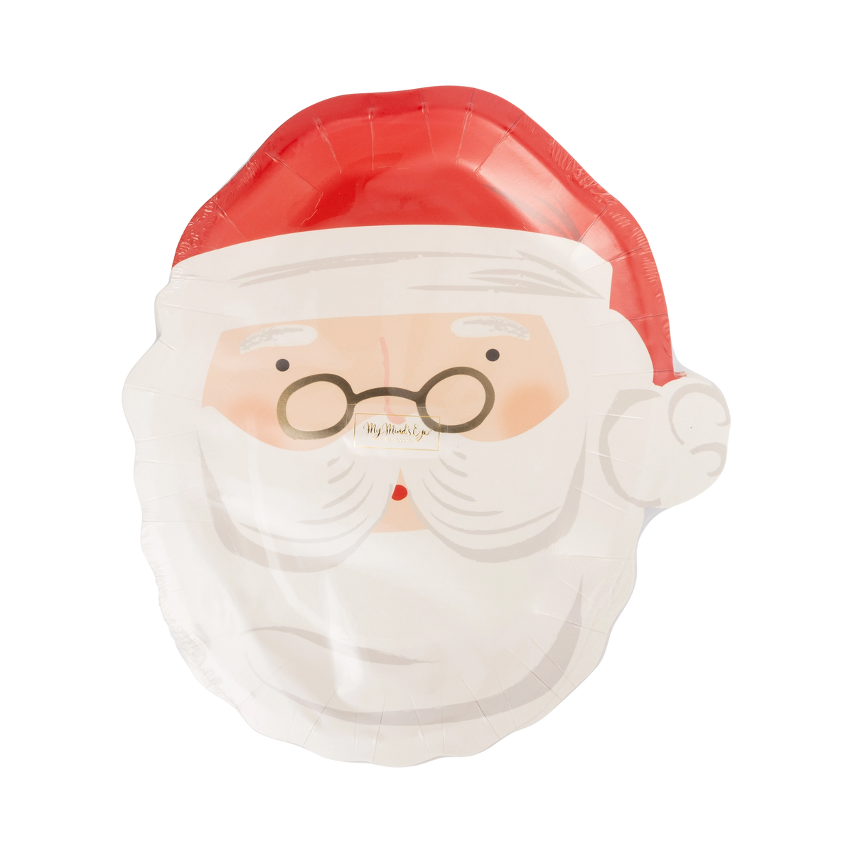 Santa face shaped plate shown flat, showing the red hat, glasses, and beard details.