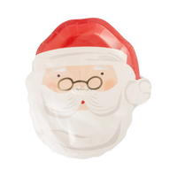 Santa face shaped plate shown flat, showing the red hat, glasses, and beard details.