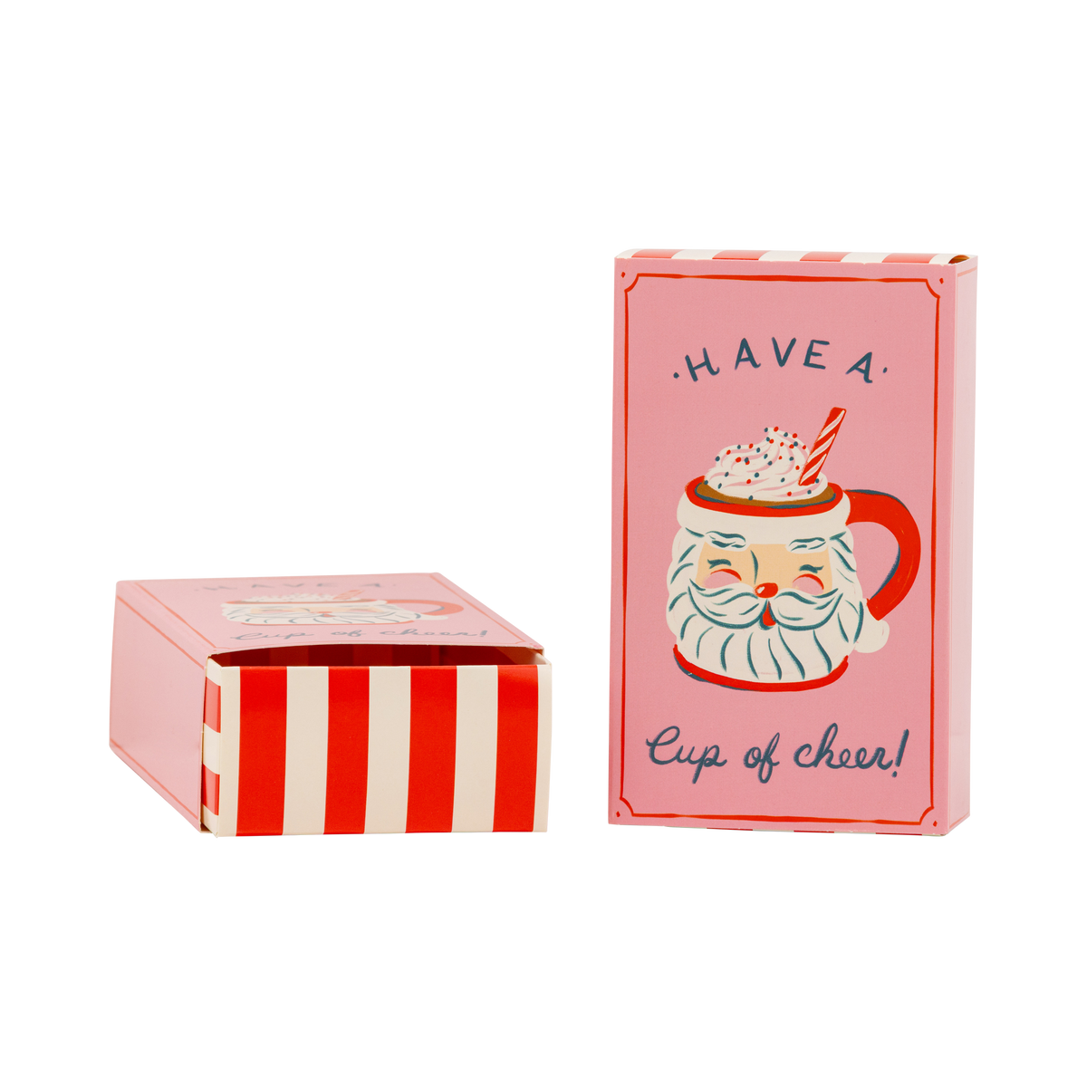 Pink Have a Cup of Cheer treat box with Santa mug shown open with red striped drawer