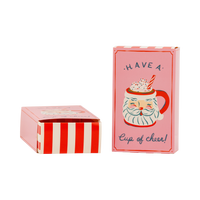 Pink Have a Cup of Cheer treat box with Santa mug shown open with red striped drawer