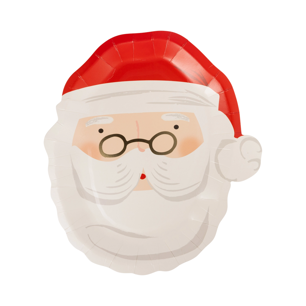 Die-cut Santa face paper plate in cream, red, and peach with gold-foil accents on a white background.