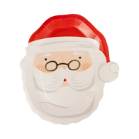 Die-cut Santa face paper plate in cream, red, and peach with gold-foil accents on a white background.