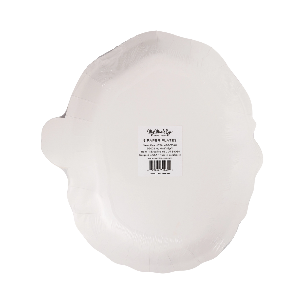 Back of the Santa shaped plate showing the die-cut shape and product label.