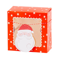 Single assembled red window bakery box with Santa gift tag and baker’s twine