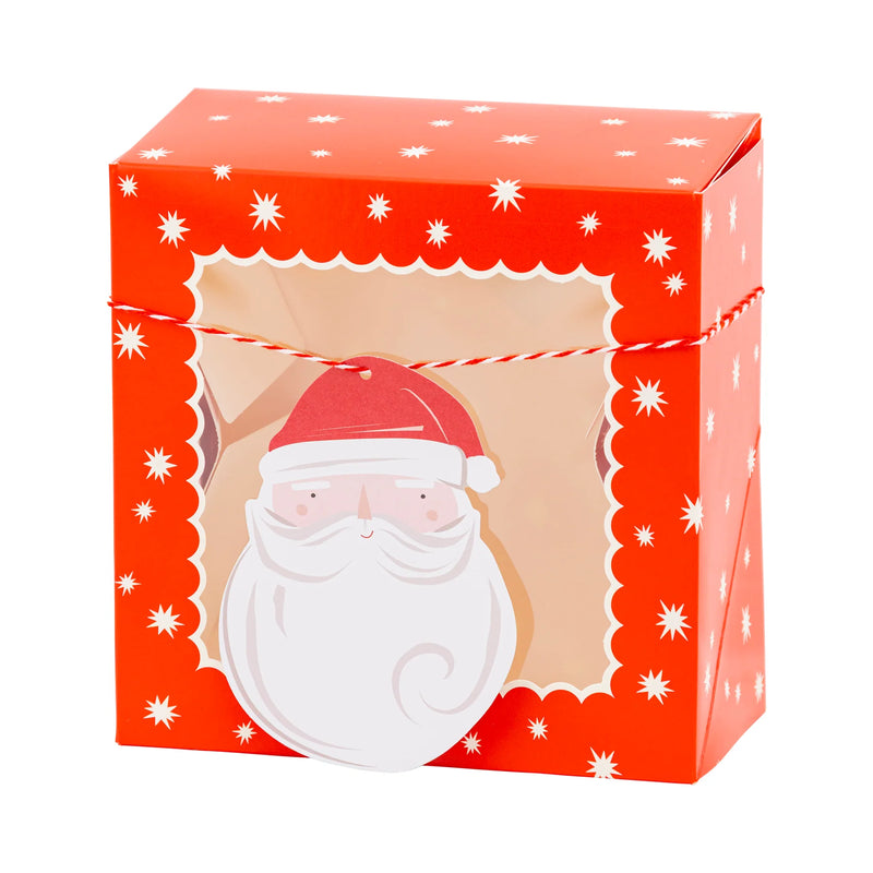 Single assembled red window bakery box with Santa gift tag and baker’s twine