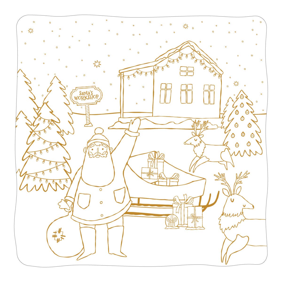 Top-down view of a square paper coloring placemat featuring line art of Santa, a sleigh, reindeer, and a winter cabin outlined in gold foil.