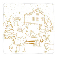 Top-down view of a square paper coloring placemat featuring line art of Santa, a sleigh, reindeer, and a winter cabin outlined in gold foil.