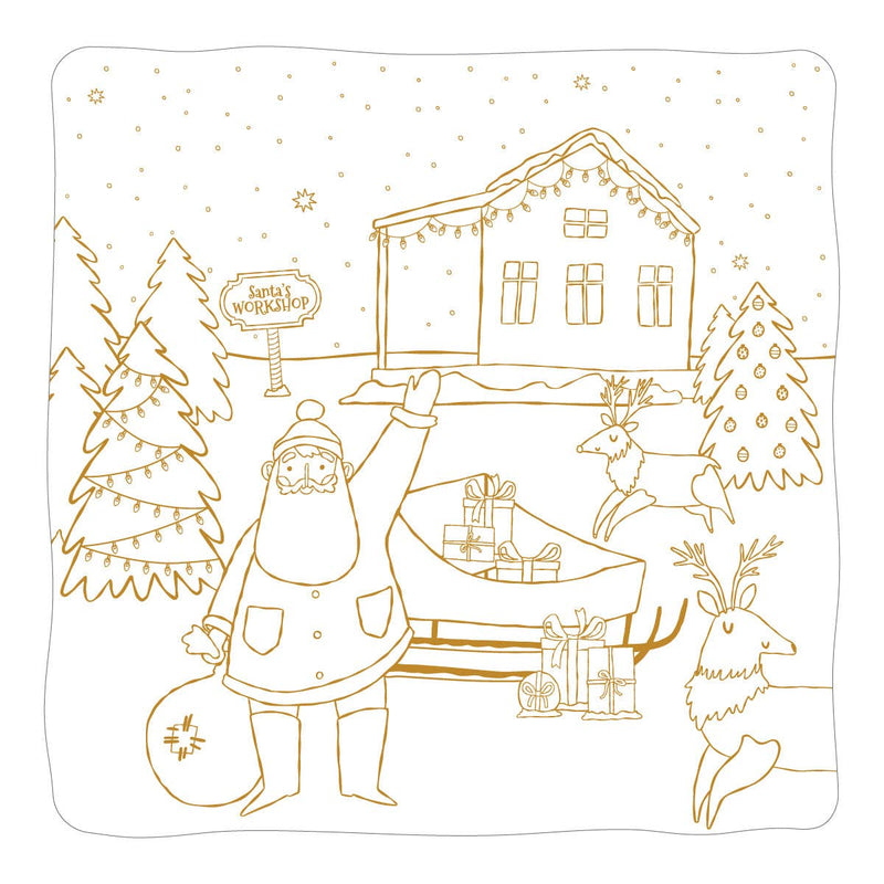 Top-down view of a square paper coloring placemat featuring line art of Santa, a sleigh, reindeer, and a winter cabin outlined in gold foil.