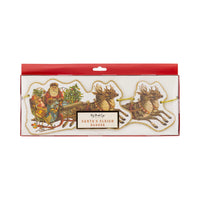 Boxed vintage Santa’s sleigh Christmas banner on gold cord.