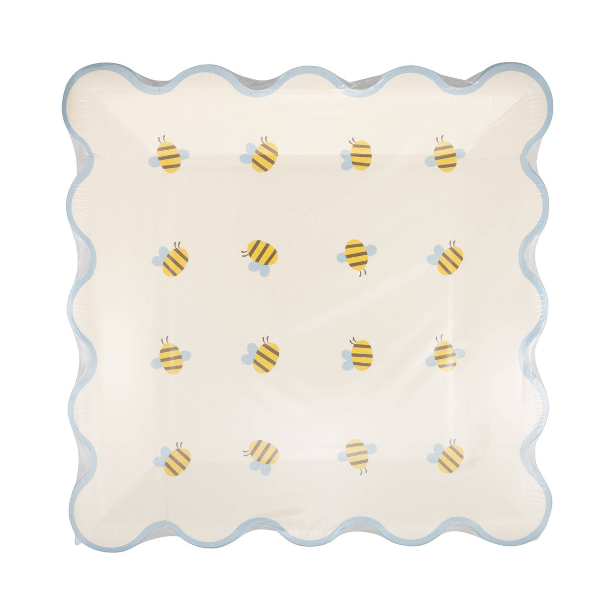 A stack of 8 Bee themed paper plates with a blue scalloped edge for a Sweet as can bee baby shower.