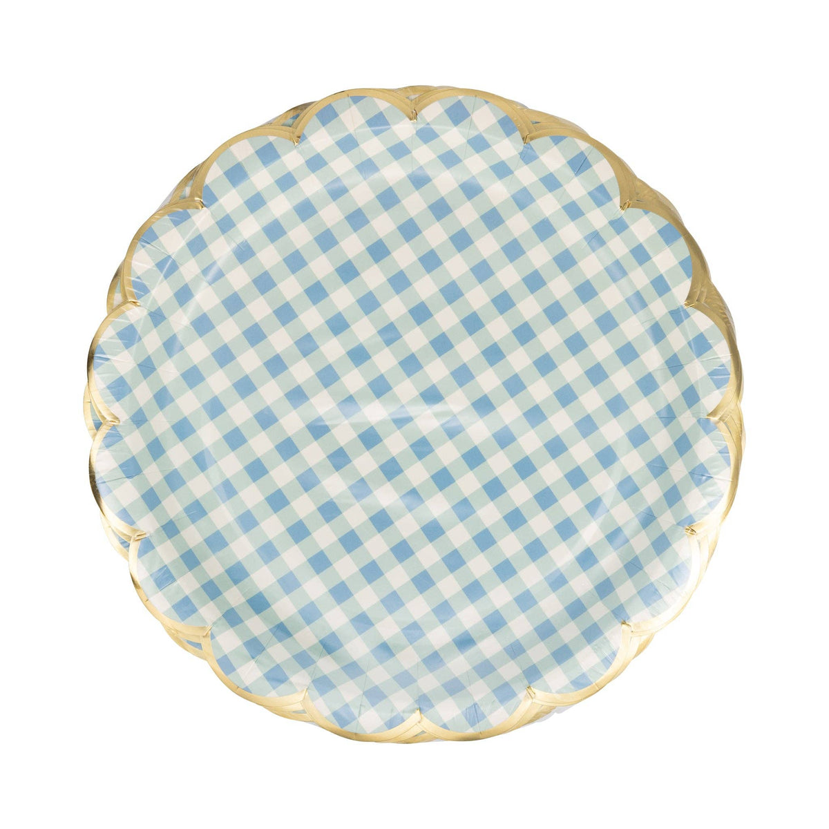 A stack of 8 Blue Gingham Pattern paper plates with gold foil edges, perfect for a Spring Picnic or Teddy-Bear-Picnic.