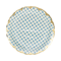 A stack of 8 Blue Gingham Pattern paper plates with gold foil edges, perfect for a Spring Picnic or Teddy-Bear-Picnic.