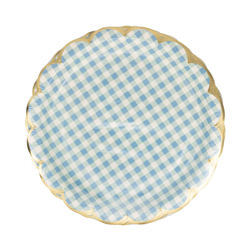 A stack of 8 Blue Gingham Pattern paper plates with gold foil edges, perfect for a Spring Picnic or Teddy-Bear-Picnic.