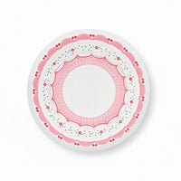 Single 8-inch paper plate with pink scalloped lace border and cherry accents