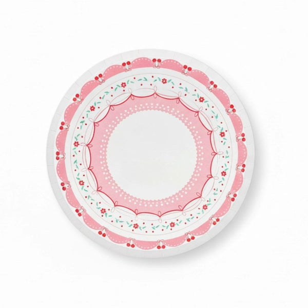 Single 8-inch paper plate with pink scalloped lace border and cherry accents