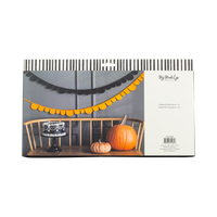 Product packaging of Orange & Black Felt Banner with other Halloween-themed decor including pumpkins and a cake stand.