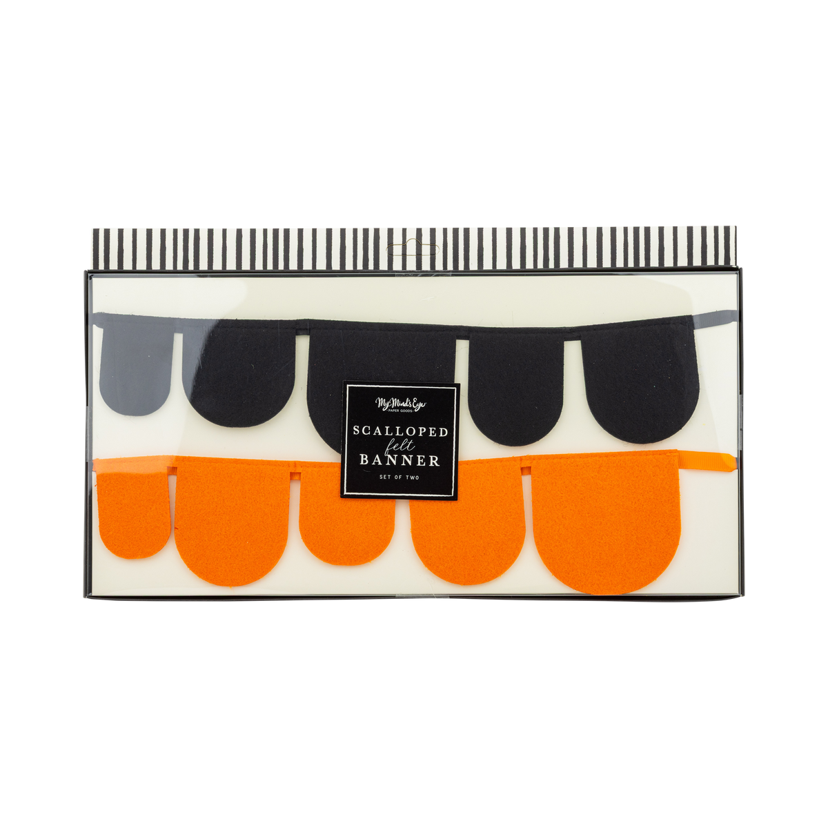 Close-up of the thick decorative banner with scalloped edge design on a transparent packaging.