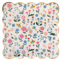 Front view of square floral paper plate with gold scalloped edges