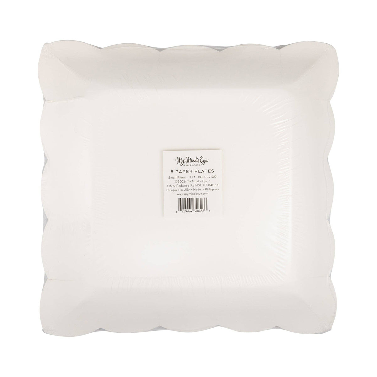 The back of the My Mind's Eye small floral plate packaging showing the 9-inch dimensions for a bridal brunch.