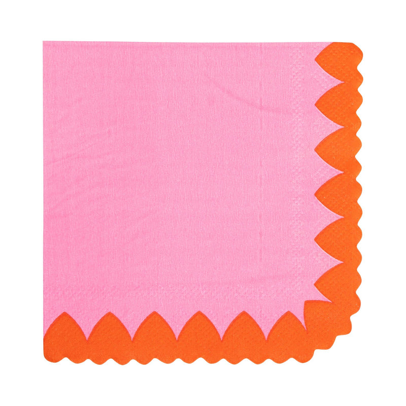 Pink cocktail napkin with red scalloped heart border on white background