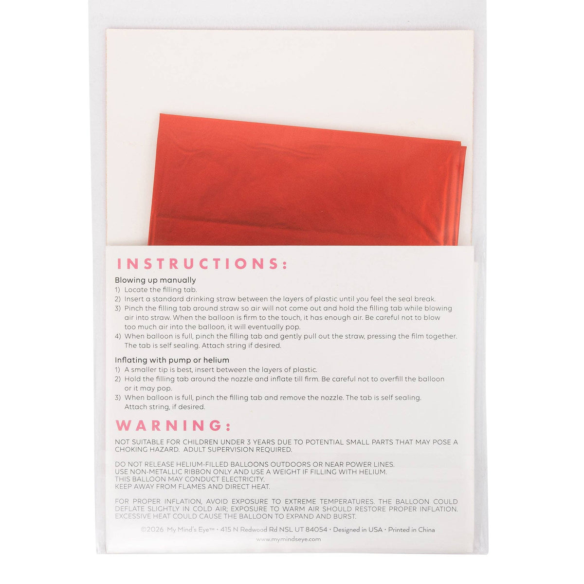Back of scalloped heart mylar balloon packaging with inflation instructions