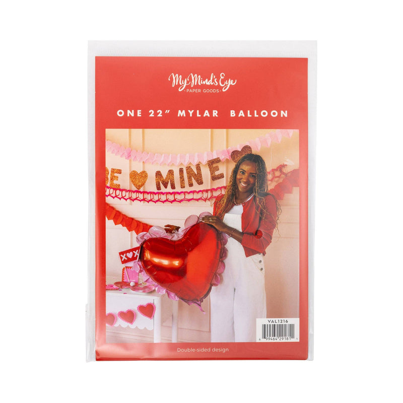 Packaged scalloped heart mylar balloon with red center and pink ruffled edge