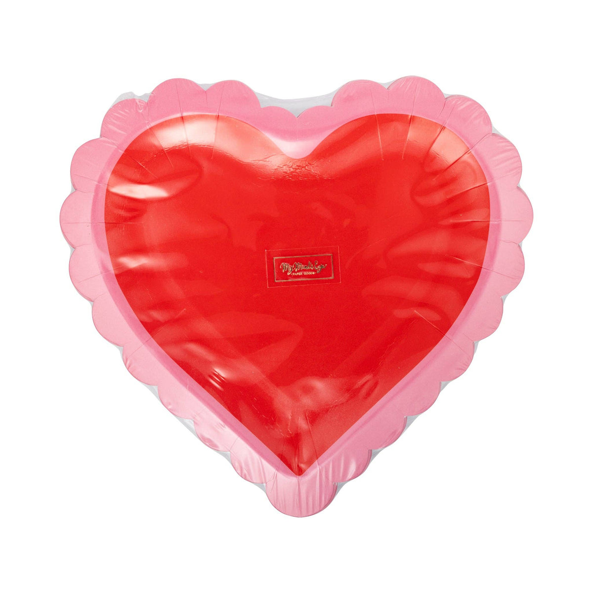 Front view of red and pink scalloped heart shaped paper plate