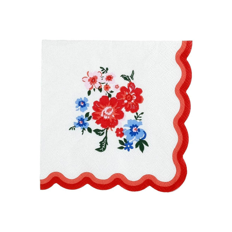 Single flat 5-inch floral napkin showing the red wavy scalloped edge detail on two sides.