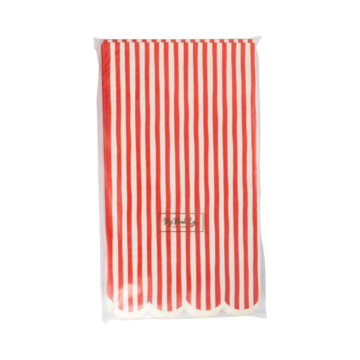 Pack of red striped napkins in clear packaging front view