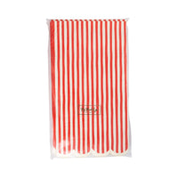 Pack of red striped napkins in clear packaging front view