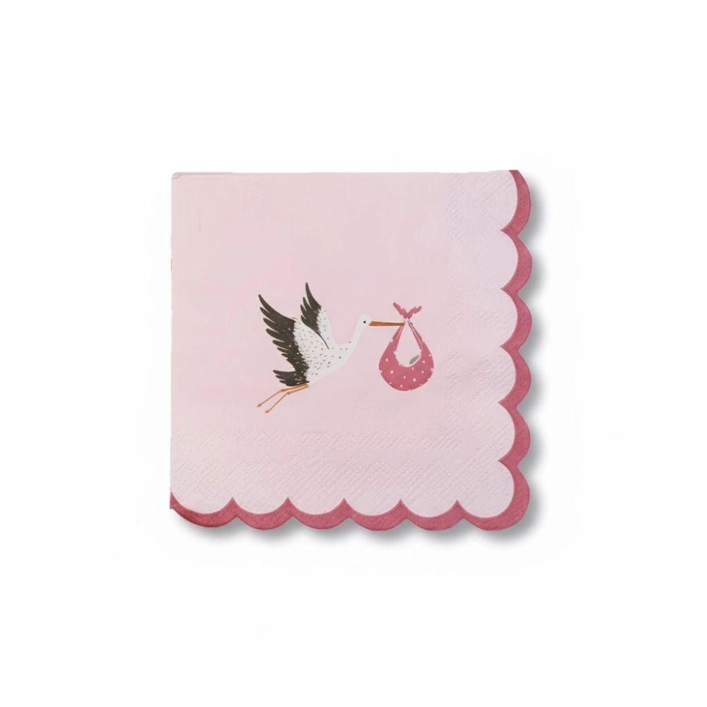 Single pink cocktail napkin with a scalloped edge and stork illustration