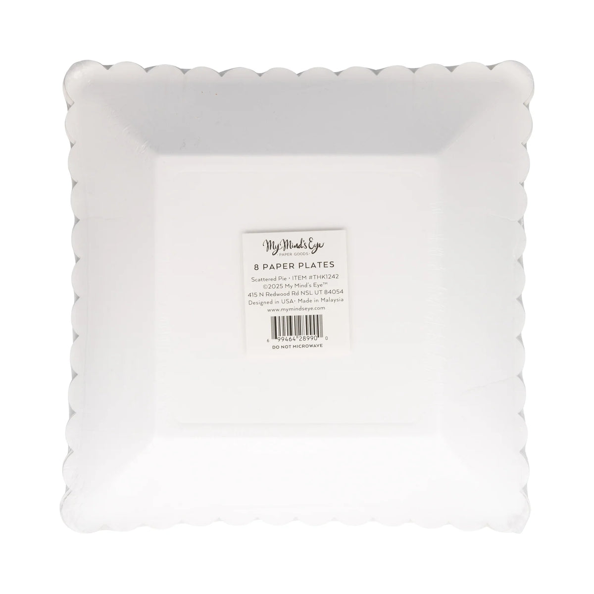 Back of package showing set of eight 8-inch dessert square plates with label.