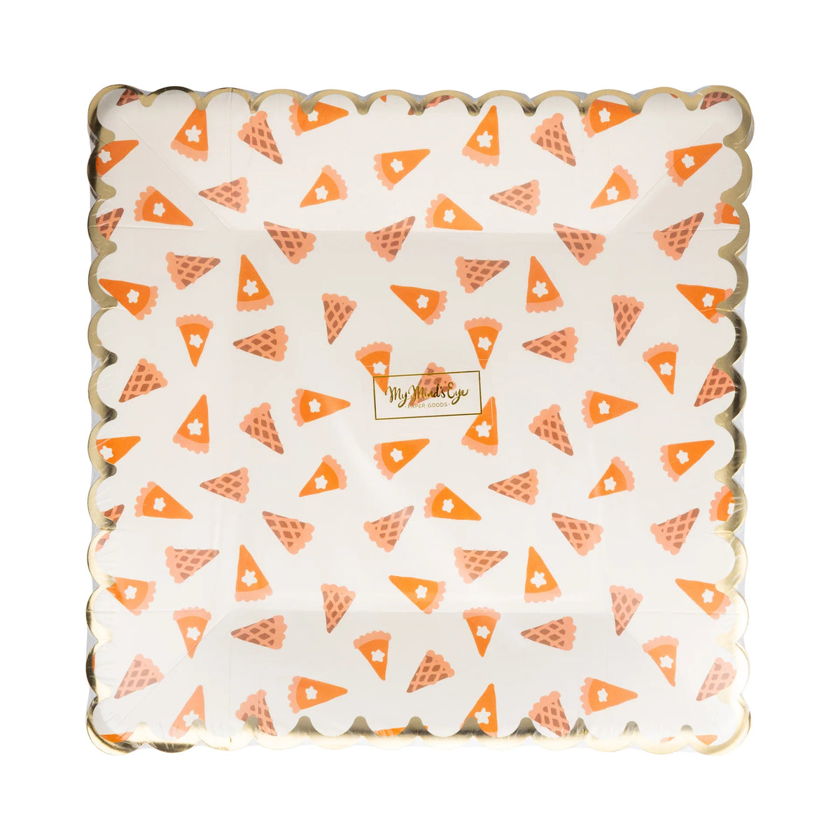 Front view of pumpkin-pie pattern paper plate with scalloped gold rim.