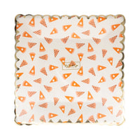 Front view of pumpkin-pie pattern paper plate with scalloped gold rim.