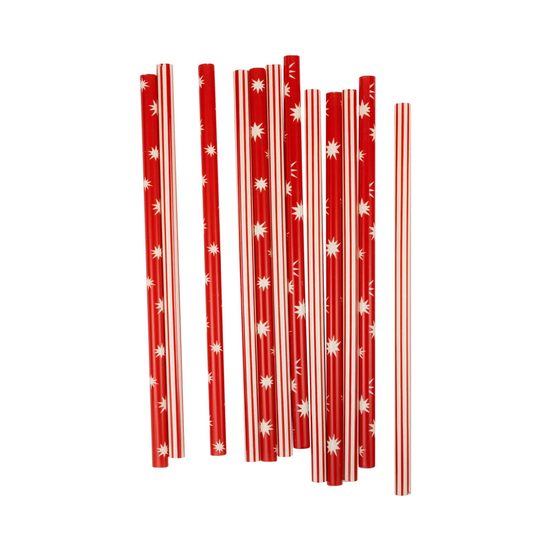 Isolated view of the 12 scattered reusable plastic straws showing the two distinct stripe and star designs.