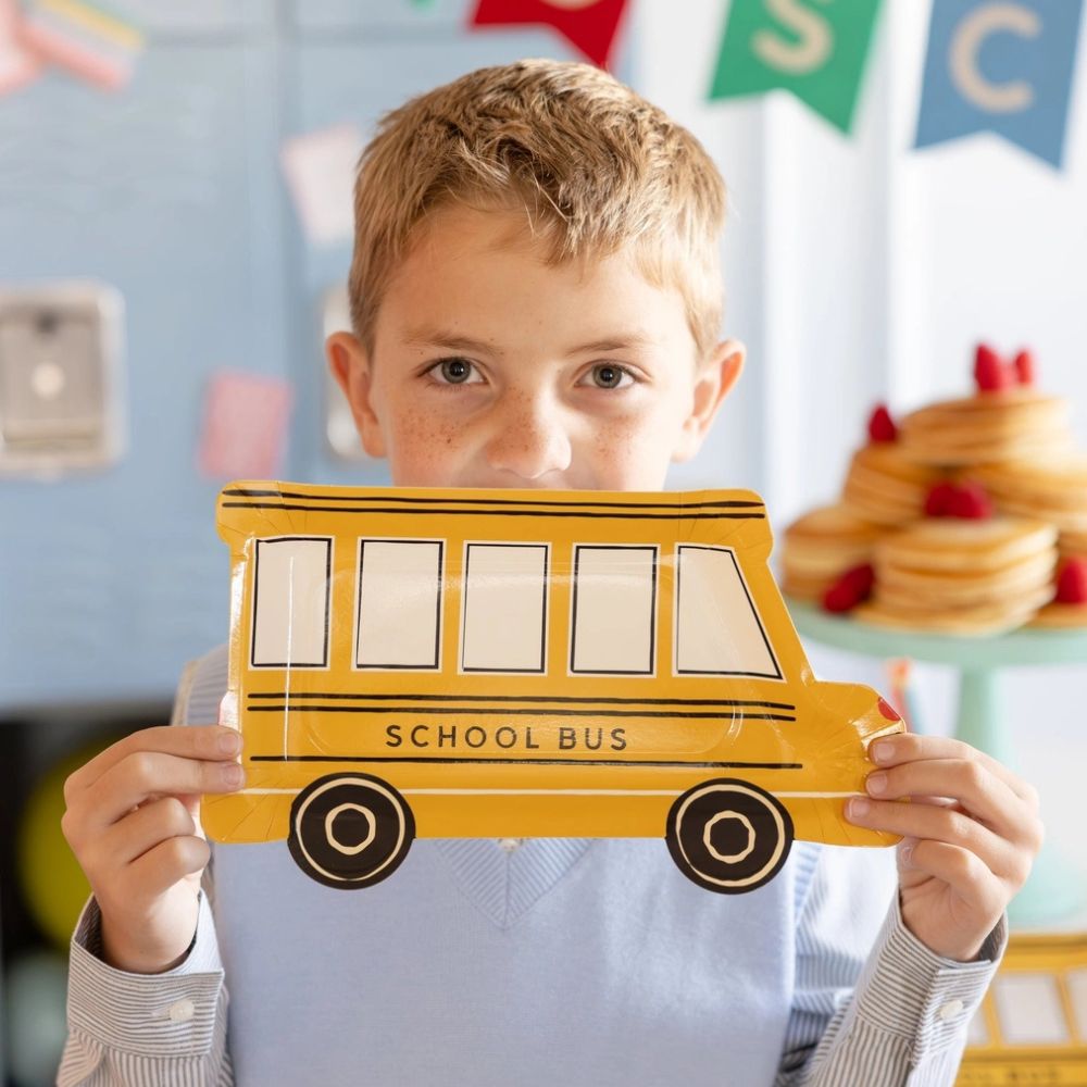 Close up of school bus plate design.