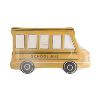 Packaged school bus shaped plates front view.