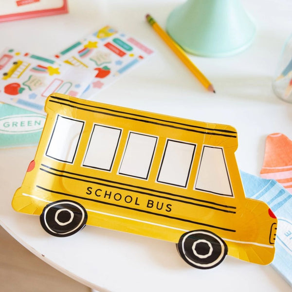 School bus plate styled in back to school party setup.