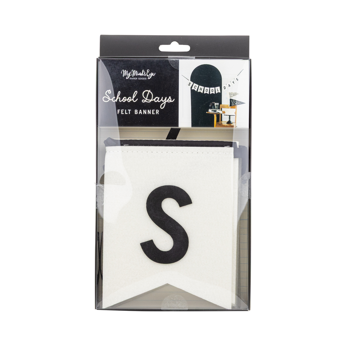 Front of School Days felt banner in clear packaging with visible white "S" pennant and styled photo inset on black My Mind's Eye gift box