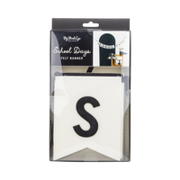 Front of School Days felt banner in clear packaging with visible white "S" pennant and styled photo inset on black My Mind's Eye gift box