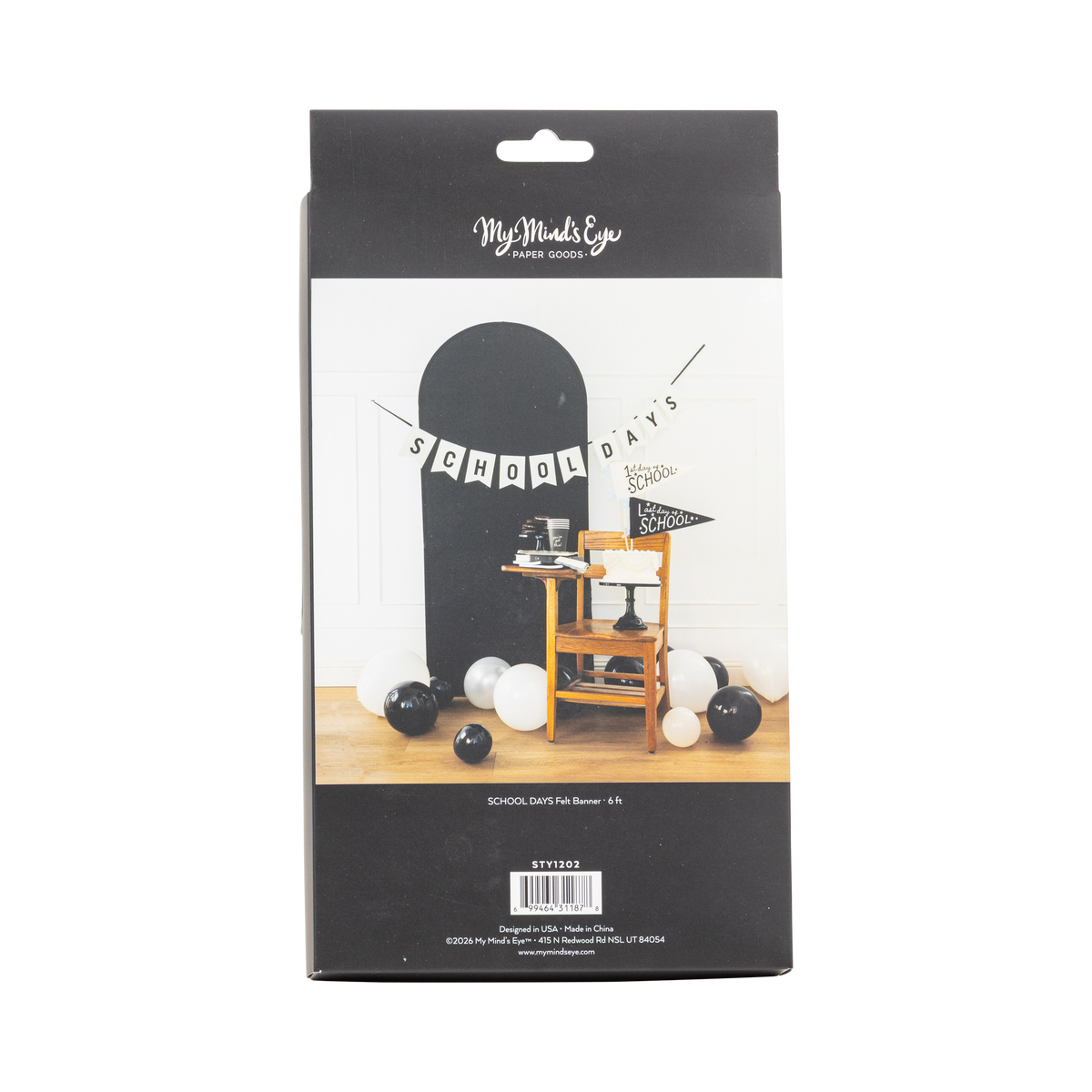 Back of School Days felt banner packaging showing styled back to school photo backdrop with black arch, white cake, and first and last day of school pennants
