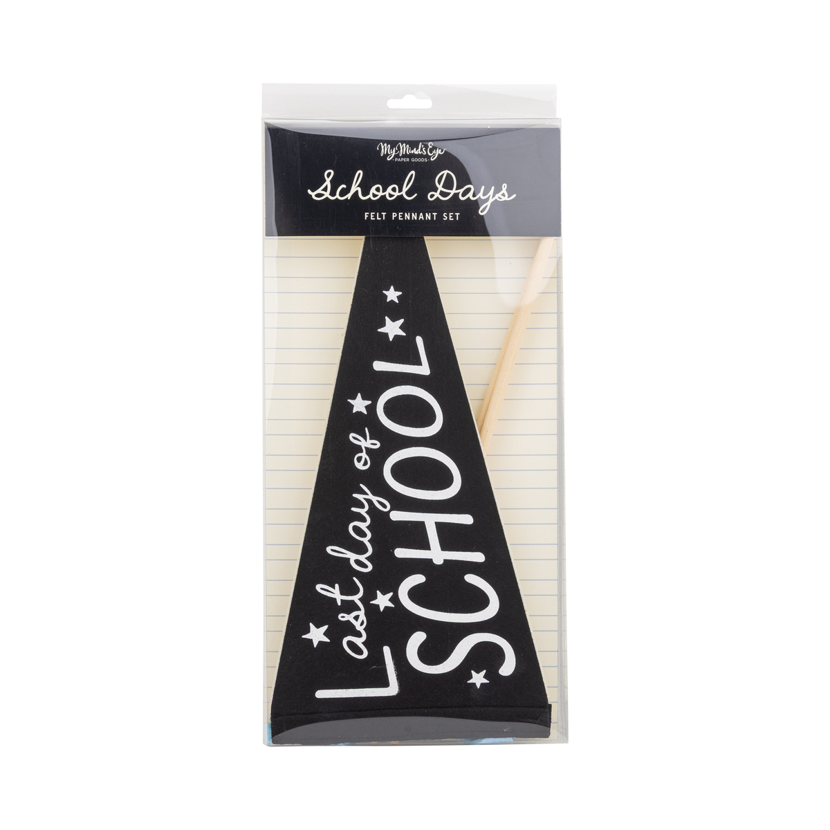 Front of School Days Felt Pennant Set packaging with clear window showing black Last Day of School pennant and wooden dowel