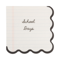 Single School Days notebook paper napkin showing cursive "School Days" handwriting on lined paper print with black scalloped edge