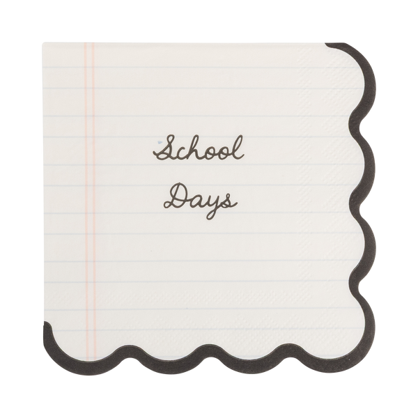 Single School Days notebook paper napkin showing cursive "School Days" handwriting on lined paper print with black scalloped edge