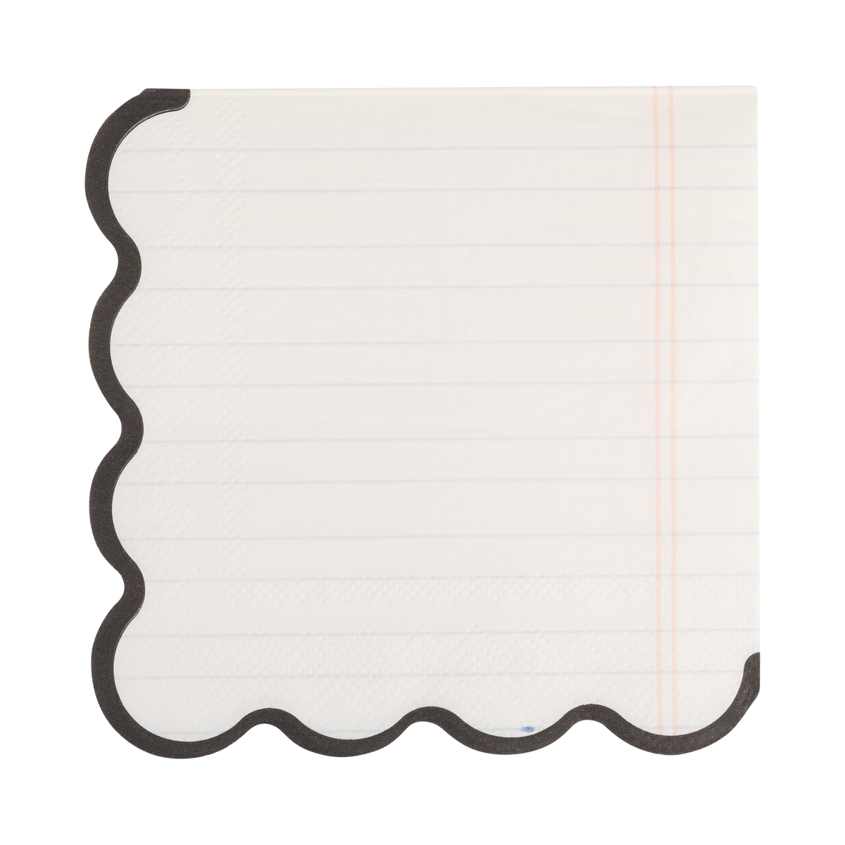 School Days notebook paper napkin showing lined paper print with pink margin line and black scalloped edge on white background