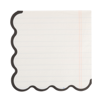 School Days notebook paper napkin showing lined paper print with pink margin line and black scalloped edge on white background