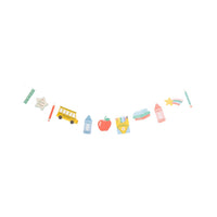 School icons banner with apples, pencils, and crayons on white background.