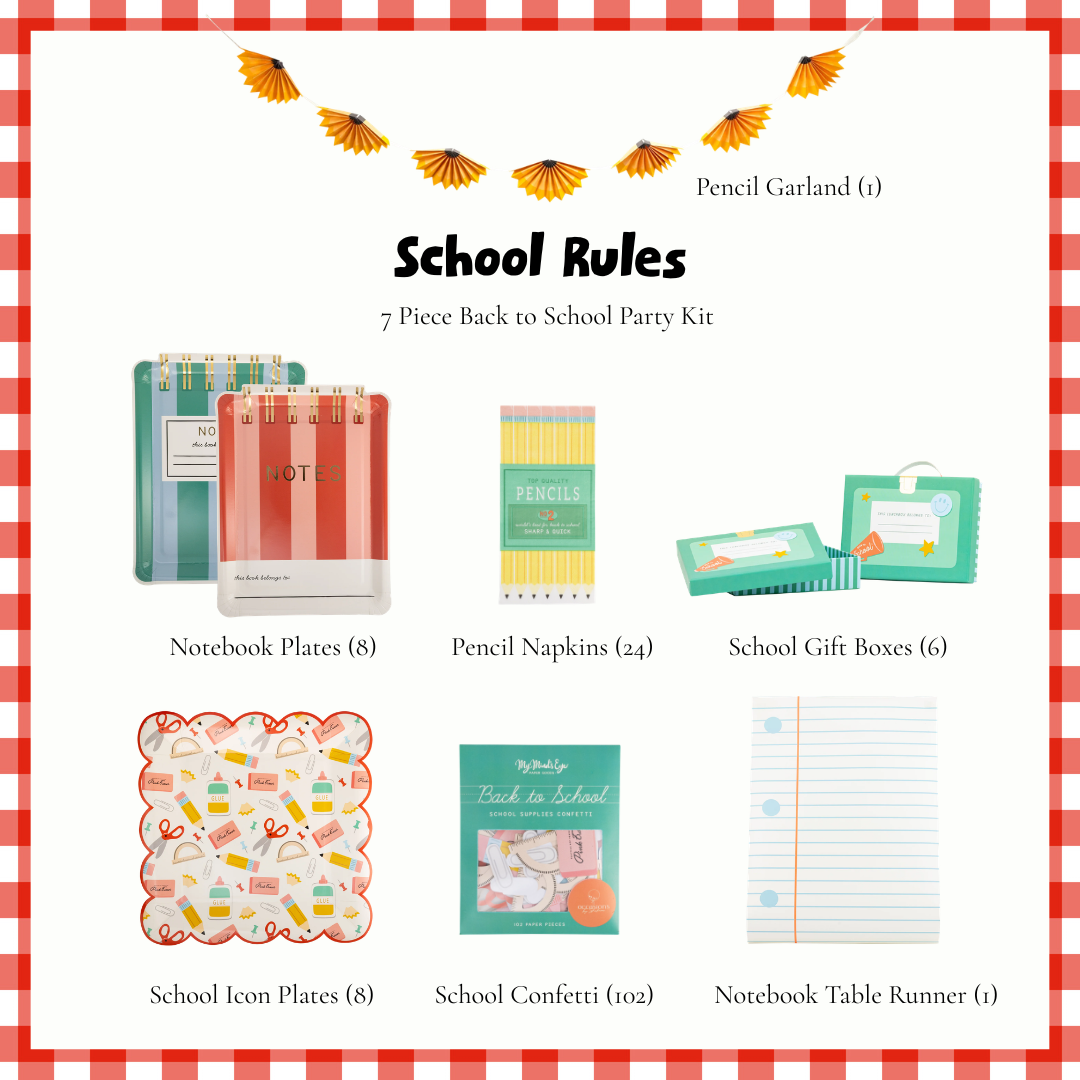 School Rules back to school party kit contents, notebook plates, pencil napkins, school icon plates, treat boxes, confetti, pencil garland and notebook table runner