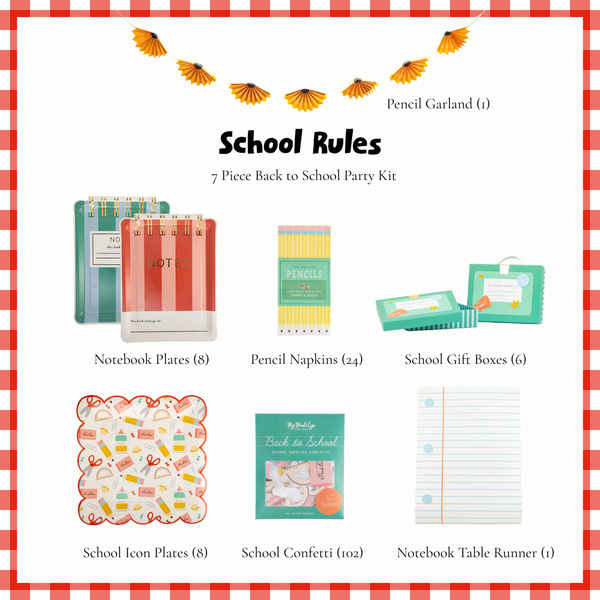 School Rules back to school party kit contents, notebook plates, pencil napkins, school icon plates, treat boxes, confetti, pencil garland and notebook table runner