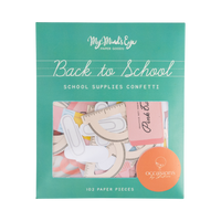 Front of school supplies confetti packaging in clear window box showing 102 paper pieces including pink erasers, rulers, paper clips, and other school icons with green "Back to School" label